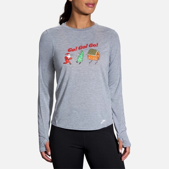 Brooks Tops - Brooks Gray graphic Long Sleeve Run Merry Go Distance Top quick drying medium